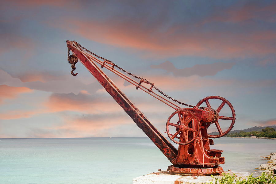 Old Red Rusty Crane on Shore at Dusk Photograph by Darryl Brooks