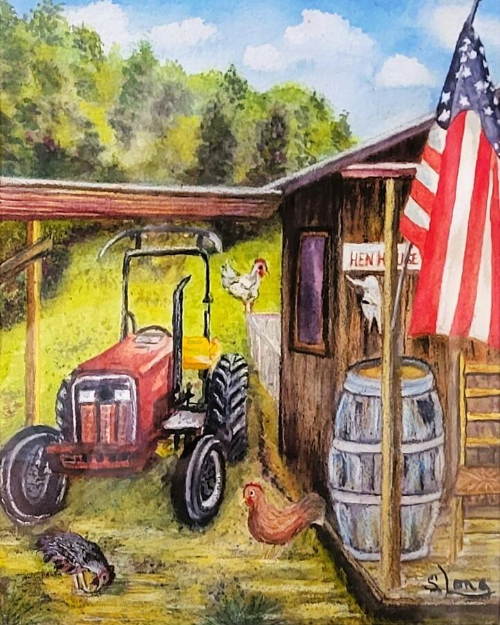 Chicken Painting - Old Red Tractor by Shirley Long