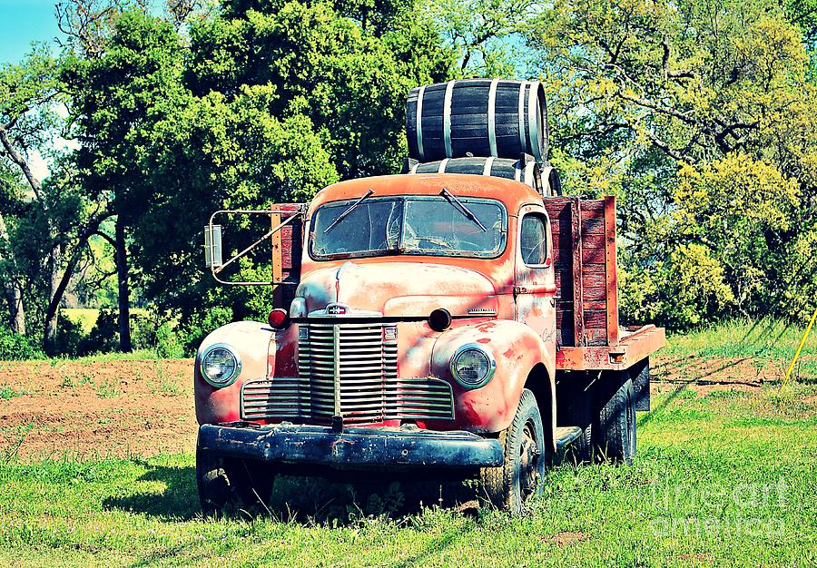 Tree Photograph - Old Red Truck with Wine Barrels by Martha Sherman