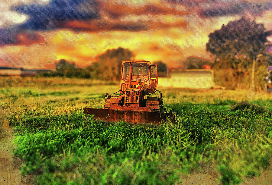 Old rusty bulldozer on a grass field at sunset - digital painting with vintage look Digital Art by Nicko Prints
