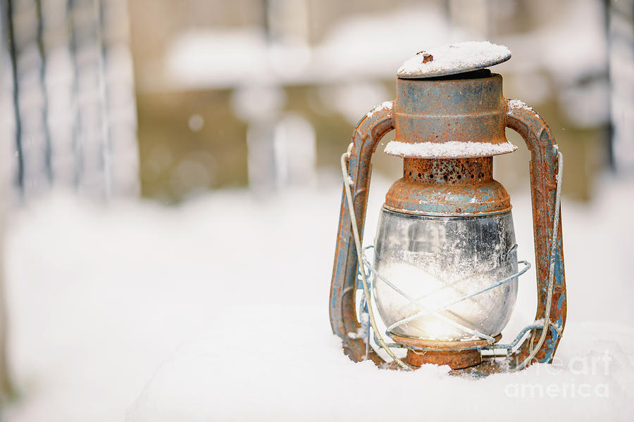 Old Rusty Lantern in the Snow Photograph by Cindy Shebley
