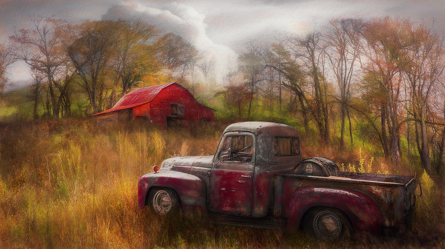 Old Rusty Truck along the Autumn Backroads Painting Photograph by Debra and Dave Vanderlaan