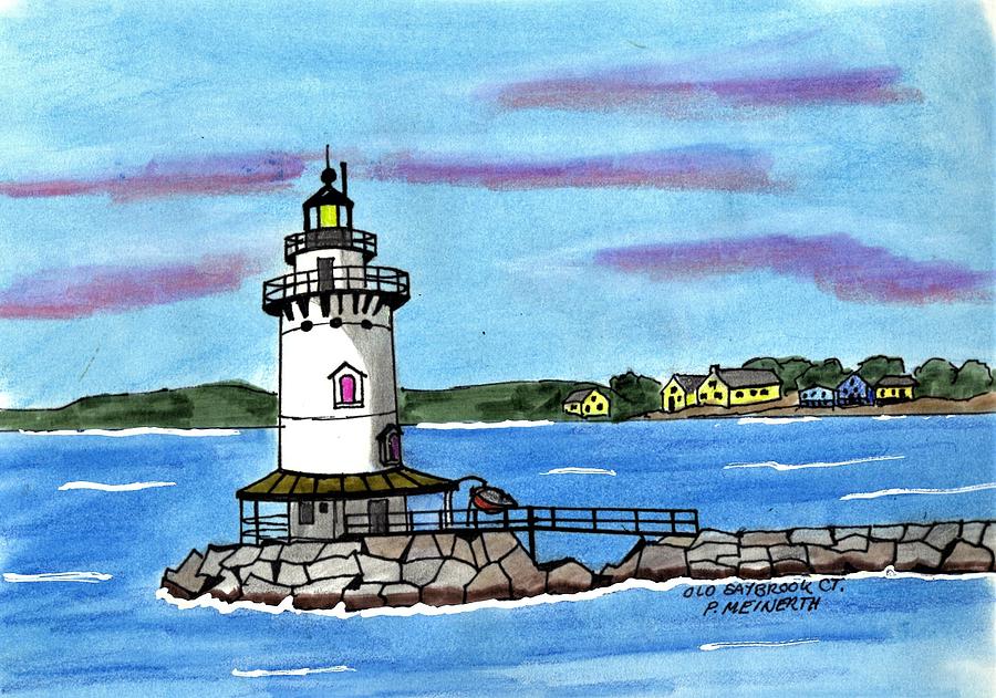 Old Saybrrook Breakwater Light Drawing by Paul Meinerth