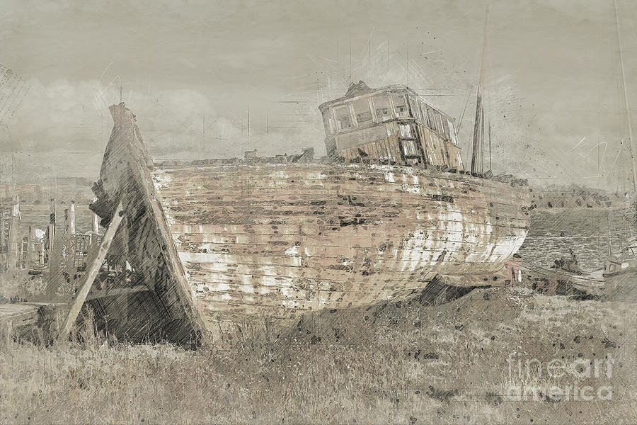 Old Ship Sketch, Nautical Sailing Vessel Drawing Digital Art by Amusing DesignCo