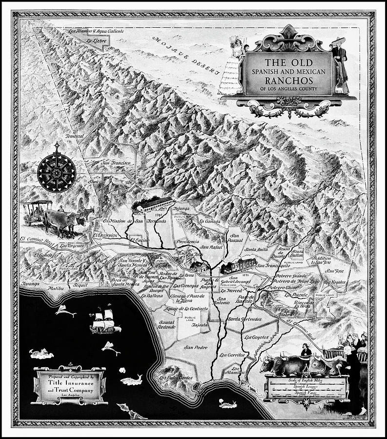 Old Spanish and Mexican Ranchos of Los Angeles County Vintage Map 1937 Black and White  Photograph by Carol Japp