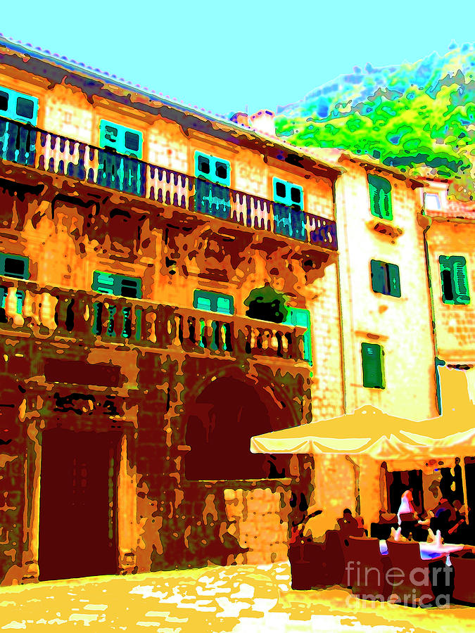 Kotor Painting - Old Square and Outdoor Cafe Kotor Montenegro by Michael Collins