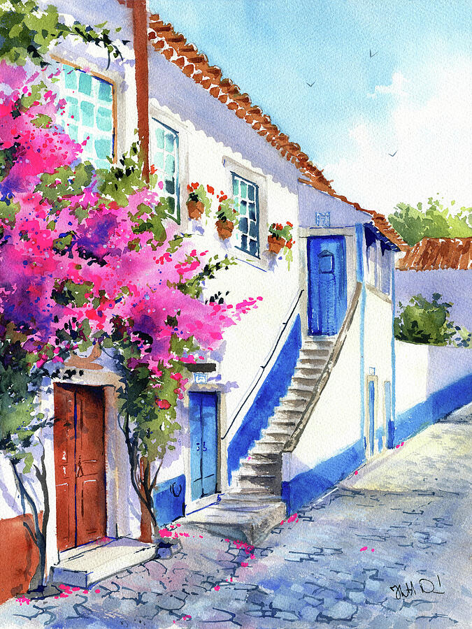 Old Staircase in Obidos Portugal Painting Painting by Dora Hathazi Mendes Old Staircase in Obidos Portugal Painting Painting by Dora Hathazi Mendes