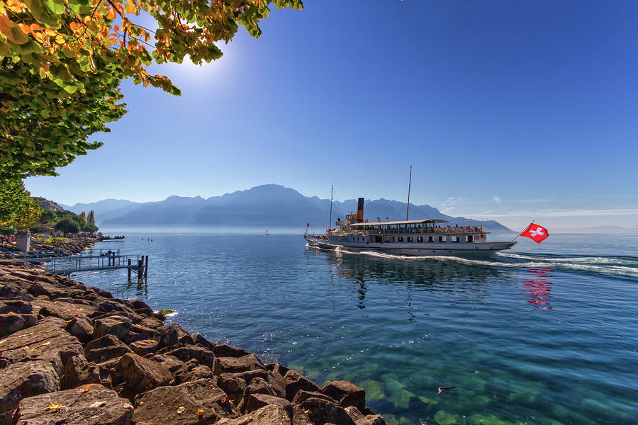 Old steamboat on Geneva Leman lake at Montreux, Switzerland Photograph by Elenarts - Elena Duvernay photo