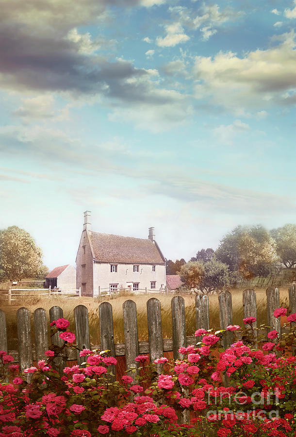 Old stone farmhouse with fence and roses Digital Art by Sandra Cunningham