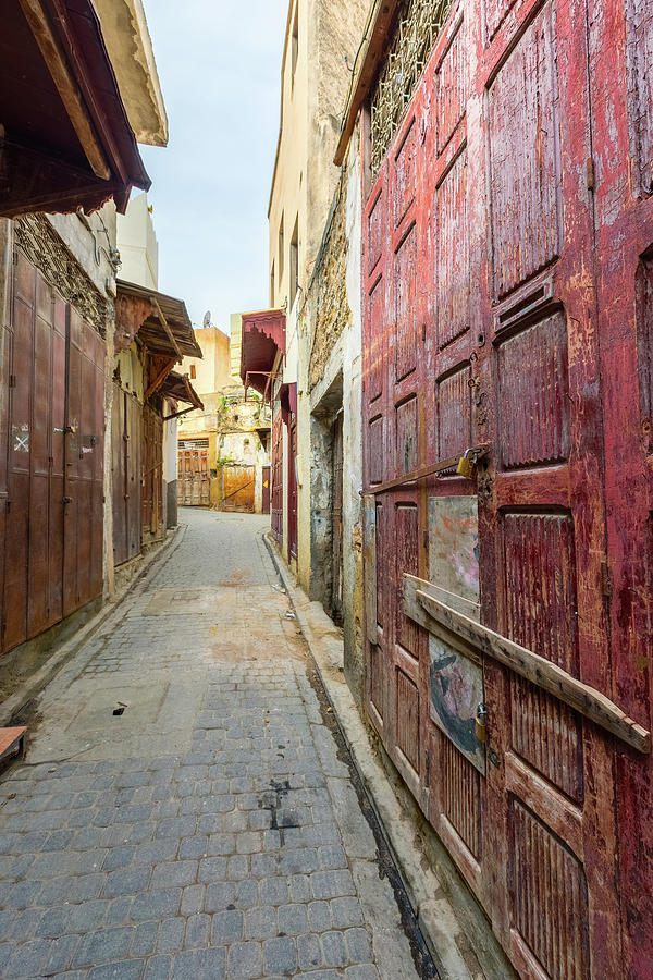Old street with red door in Fes medina Photograph by Mikhail Kokhanchikov