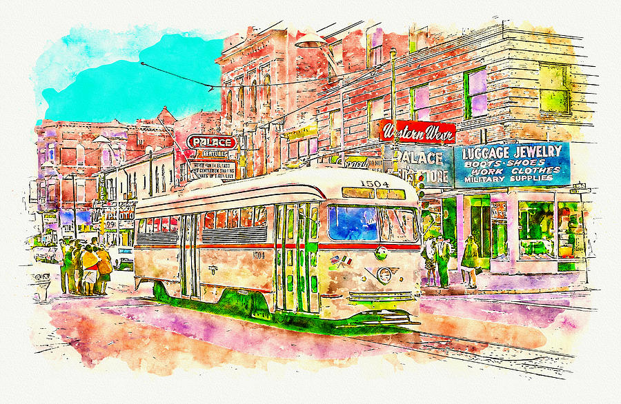 Old streetcar in El Paso, Texas - pen sketch and watercolor Digital Art by Nicko Prints
