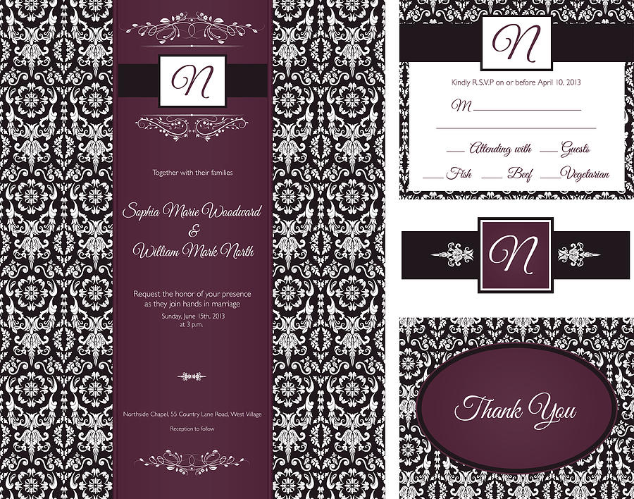 Old-style Damask Design Wedding Invitation Set Drawing by Diane Labombarbe