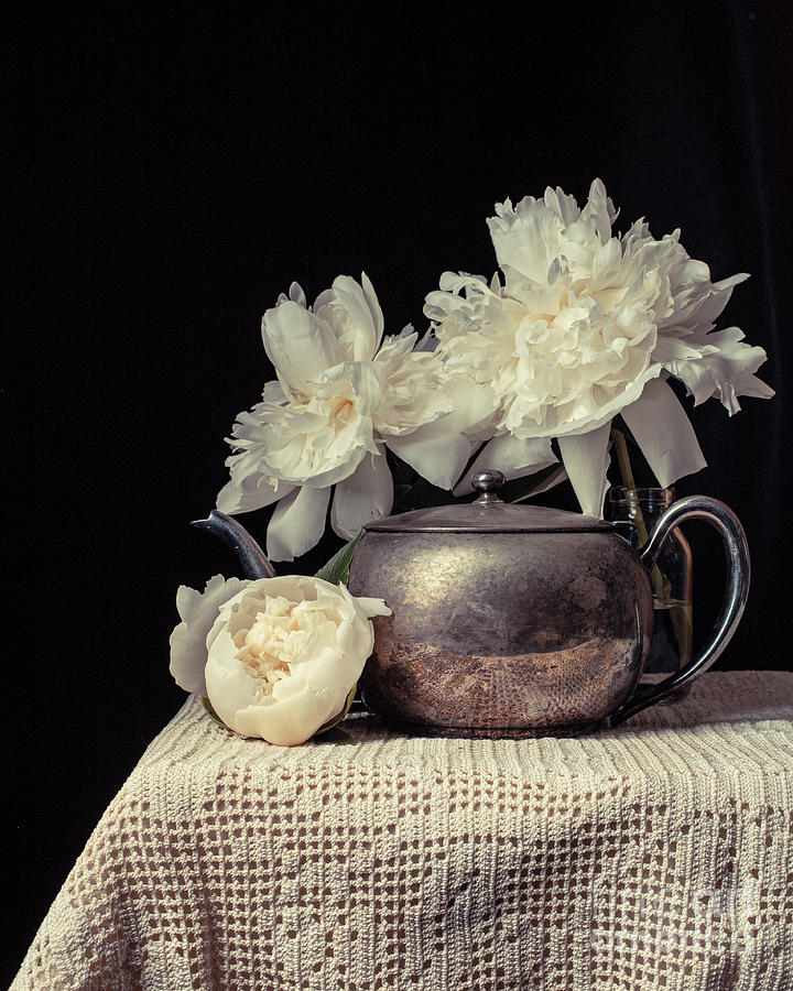 Old Teapot and Peony Flowers Photograph by Edward Fielding
