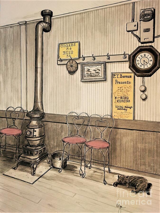 Old Time Store and Cat Drawing by Olga Silverman