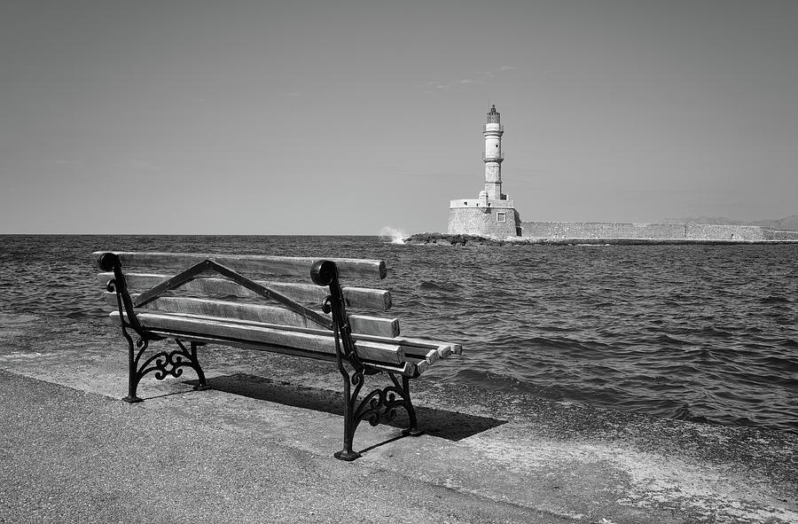 Old Town Chania Harbor Lighthouse Island of Crete Greece Black and White Photograph by Shawn OBrien