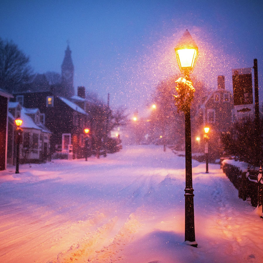 Old Town Marblehead Snowstorm Looking up at Abbot Hall Square Photograph by Toby McGuire