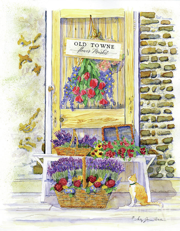 Old Towne Flower Market with Cat Painting by Audrey Jeanne Roberts