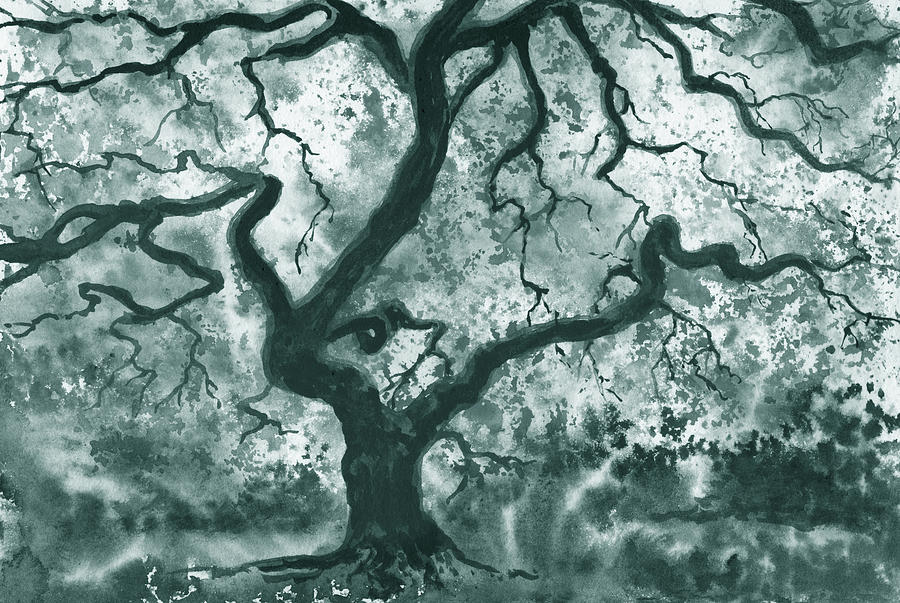 Old Tree In The Park Gray And Black Monochrome Painting by Irina Sztukowski