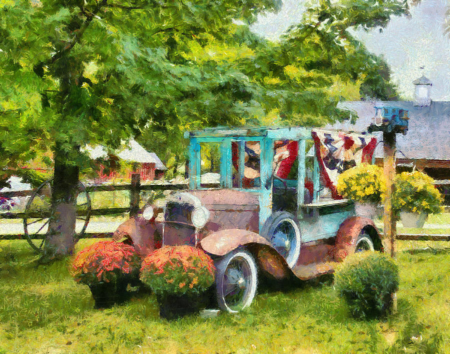 Vintage Photograph - Old Truck Adorned with Mums by Betty Denise