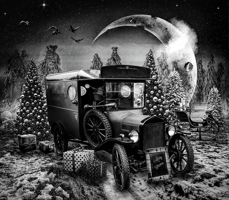 Old Truck at Christmastime Black and White Digital Art by Debra and Dave Vanderlaan