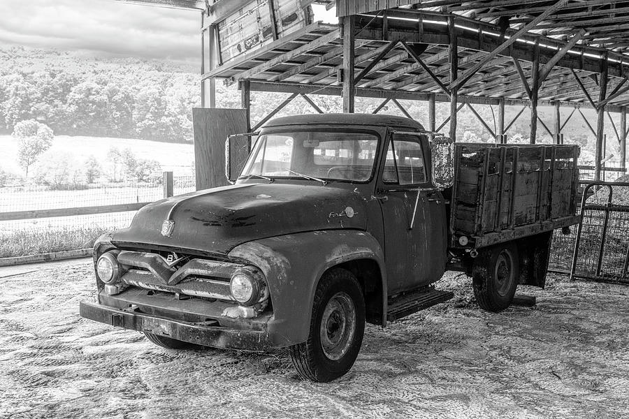 Old Truck at Mountain Valley Farm Black and White Photograph by Debra and Dave Vanderlaan