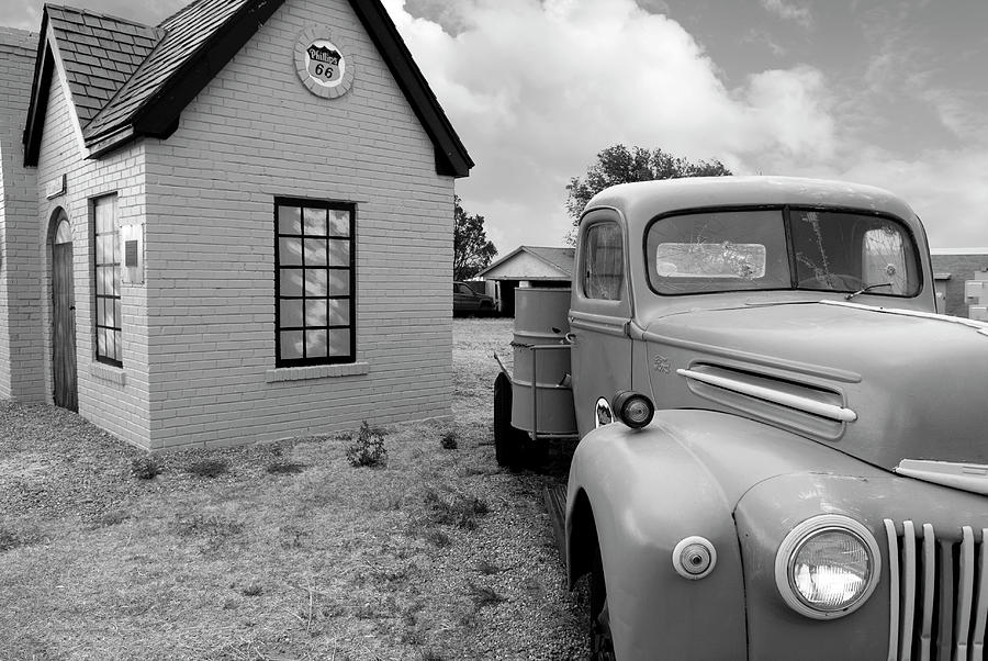 Old Truck at Phillips 66 Service Station McLean Texas BW Photograph by Bob Pardue