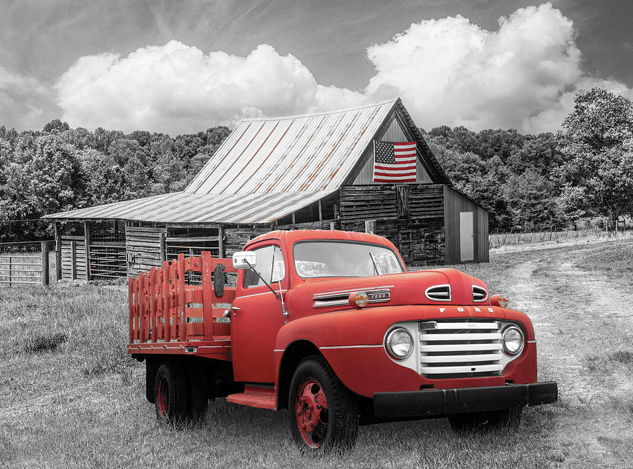 Old Truck at the Patriotic Barn Black and White and Red Photograph by Debra and Dave Vanderlaan