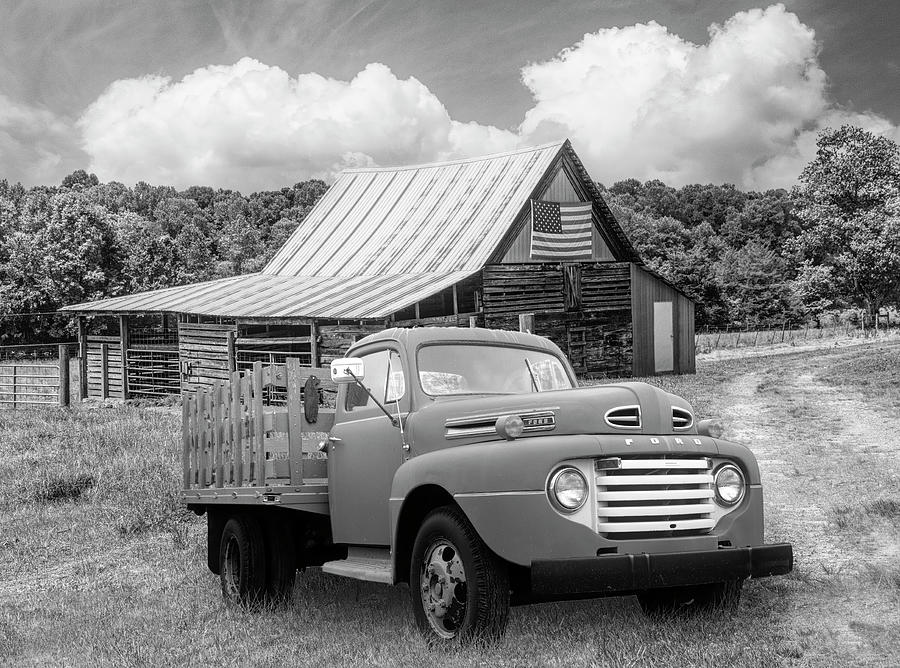 Old Truck at the Patriotic Barn Black and White Photograph by Debra and Dave Vanderlaan