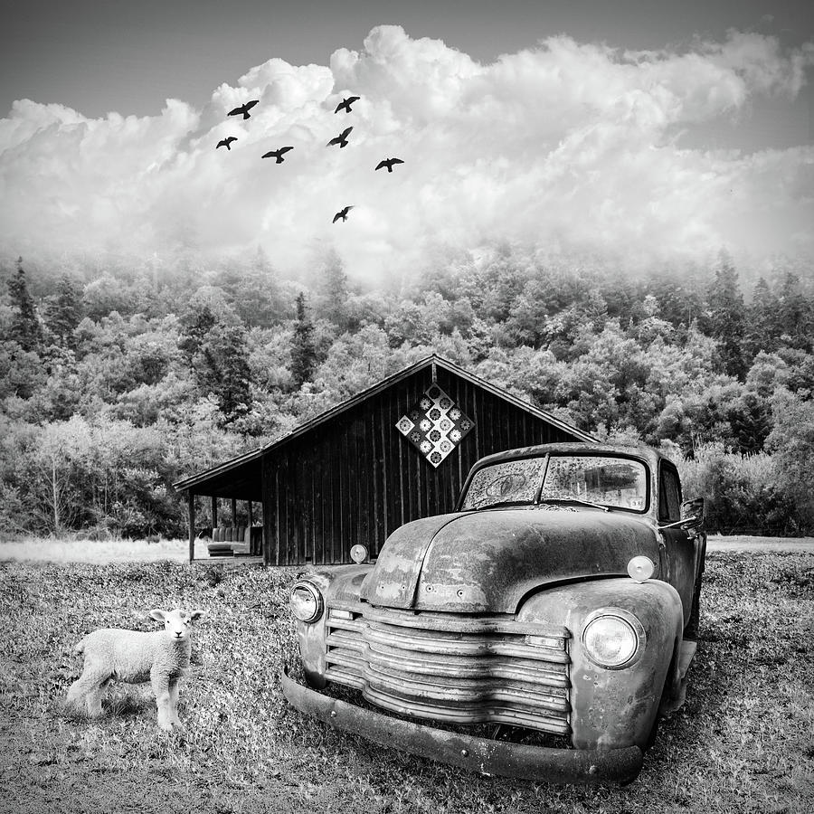 Old Truck in the Fog on the Farm Black and White Photograph by Debra and Dave Vanderlaan