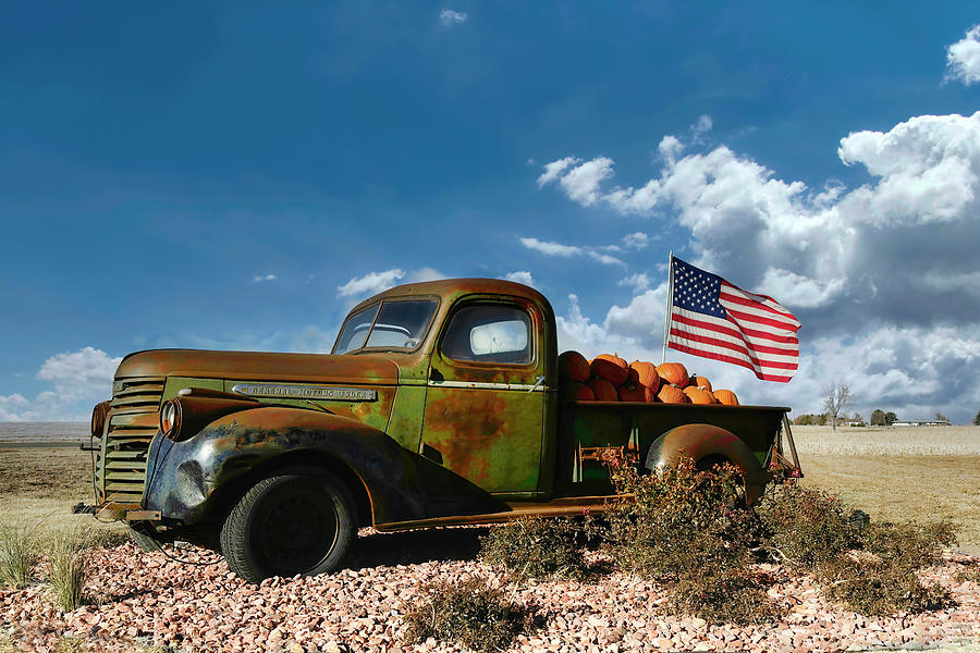 Old Truck With Flag - photograph Photograph by Ann Powell