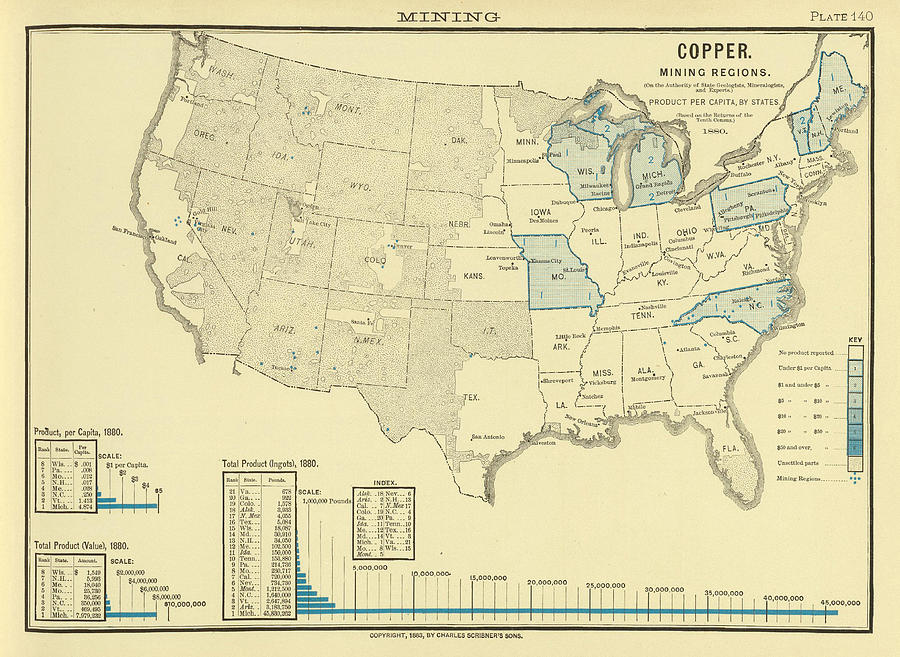 Old United States Copper Mining Map 1883 Vintage American Cu Metal ...