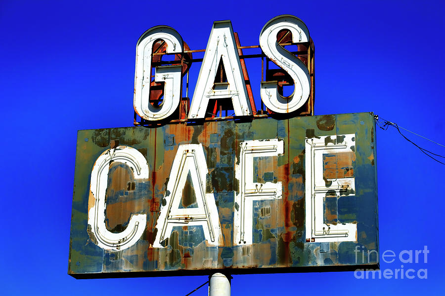 Old Vintage Gas Cafe Sign with Blue Sky Worn Americana Photograph by Lane Erickson
