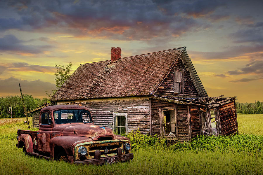 Old Vintage Pickup Truck by an Abandoned House at Sunset Photograph by Randall Nyhof
