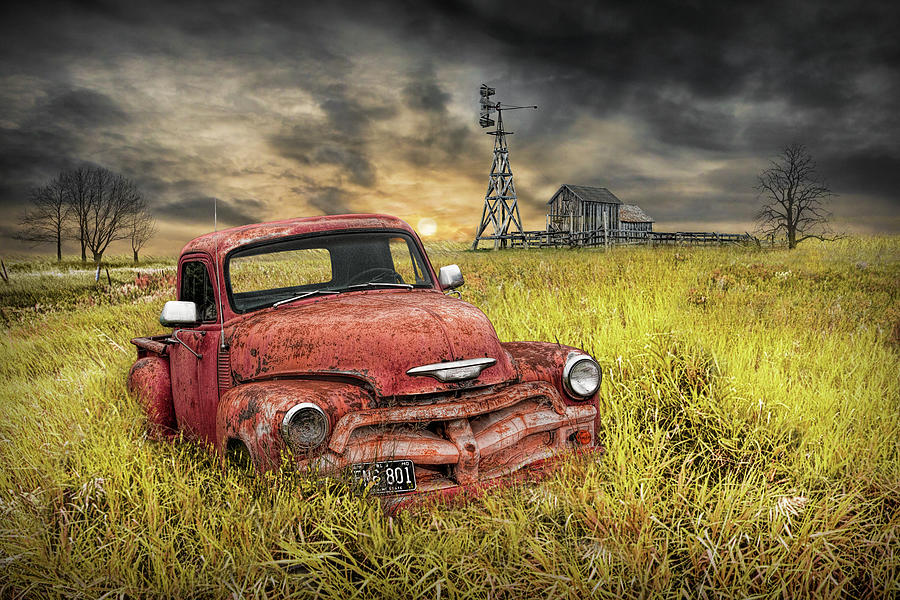 Old Vintage Red Chevy Pickup and Barn with Windmill Photograph by Randall Nyhof
