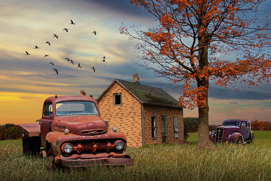 Old Vintage Truck by an Abandoned House in Fall Photograph by Randall Nyhof