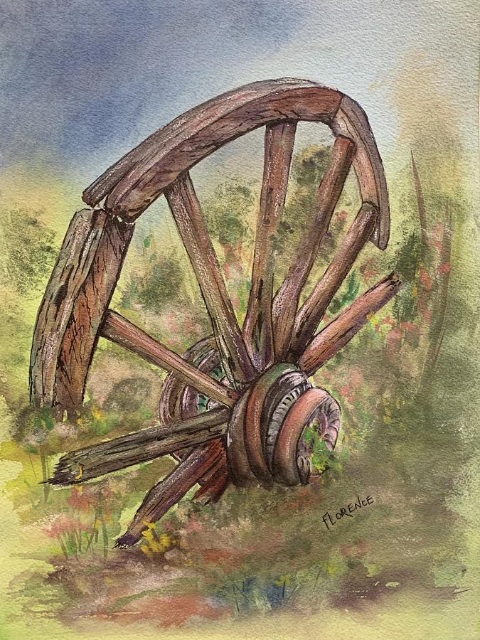 Old Wagon Wheel Painting by Paintings by Florence - Florence Ferrandino