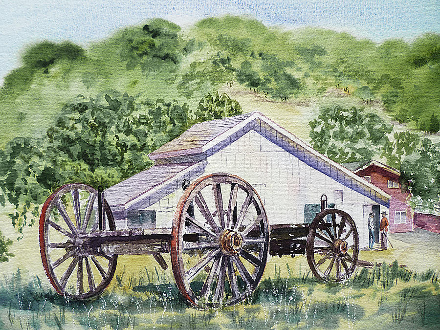 Old Wagon White Barn Farm Watercolor Landscape  Painting by Irina Sztukowski