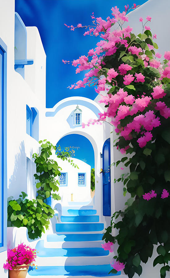 Old White And Blue Buildings At Santorini, Greece Digital Art by La Moon Art