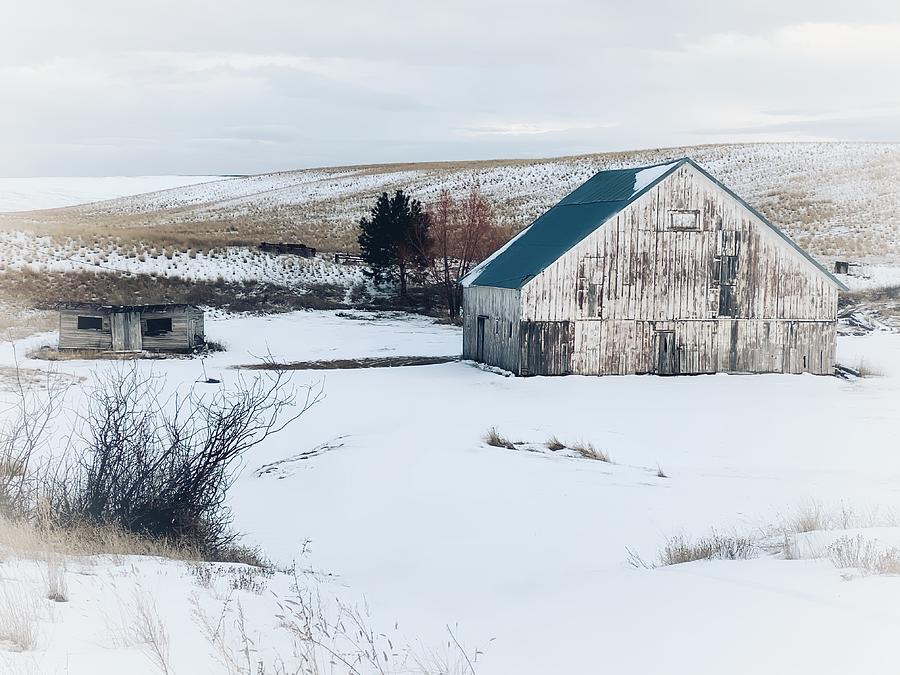 Old White Barn in Snow Photograph by Jerry Abbott