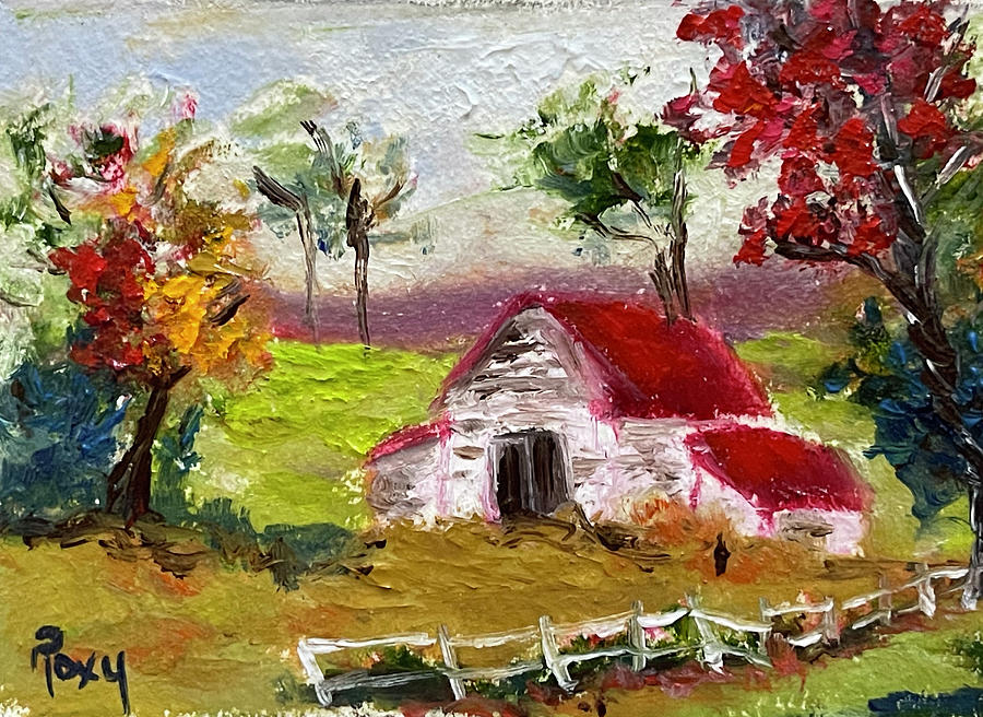 Old White Barn Landscape Painting by Roxy Rich