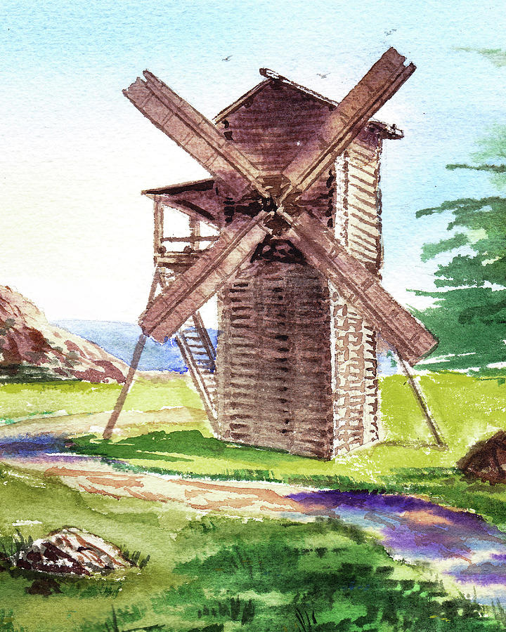 Old Windmill In The Village Watercolor  Painting by Irina Sztukowski