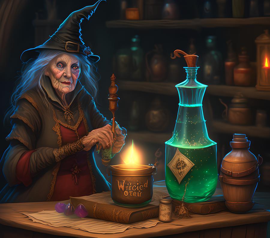 Old Witch and Magic Potions, Generative AI Illustration Digital Art by ...