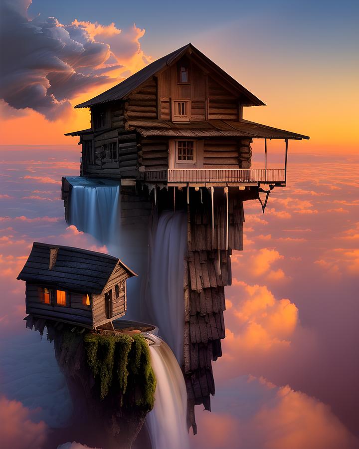 Old Wooden Houses Soaring Above Clouds with a Floating Waterfall Digital Art by Artvizual