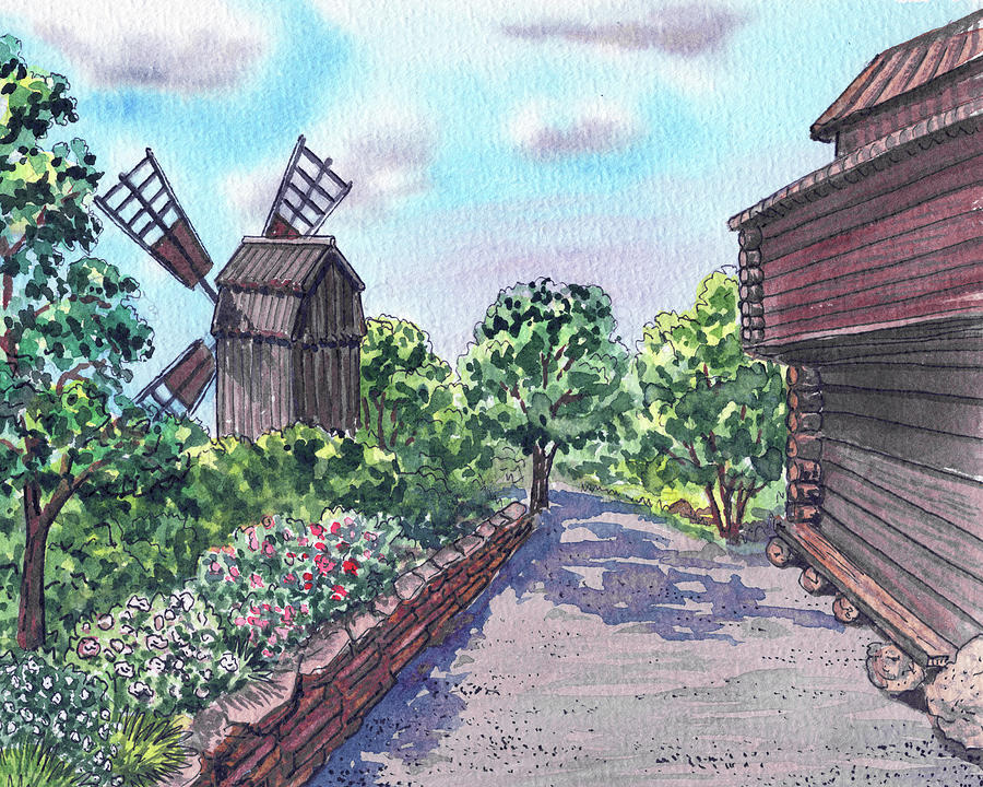 Old Wooden Windmill Skansen Island Stockholm Sweden Watercolor Painting by Irina Sztukowski