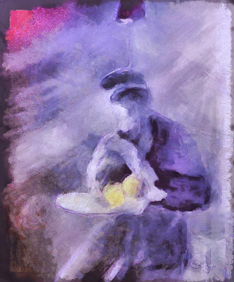 Old Man Painting - Old world man sitting in prayer with lemons at table in purple with sun worship and peace citrus by MendyZ