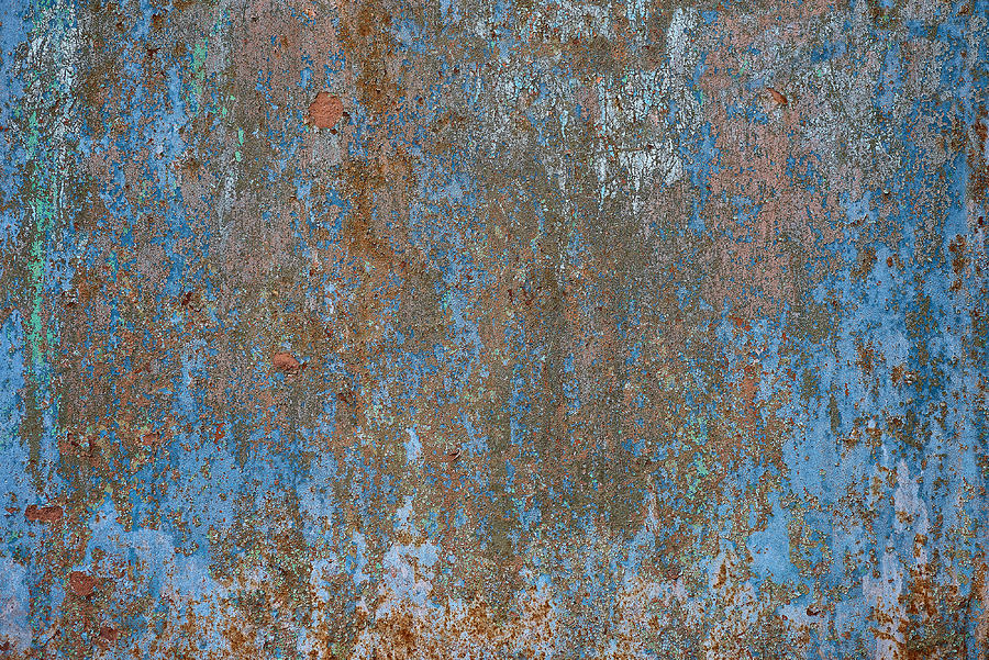 Abstract Photograph - Old worn metal surface with paint. Rusty metal texture. Metal sheet with rust and worn paint. Background. Metal. Wall. Floor by Julien