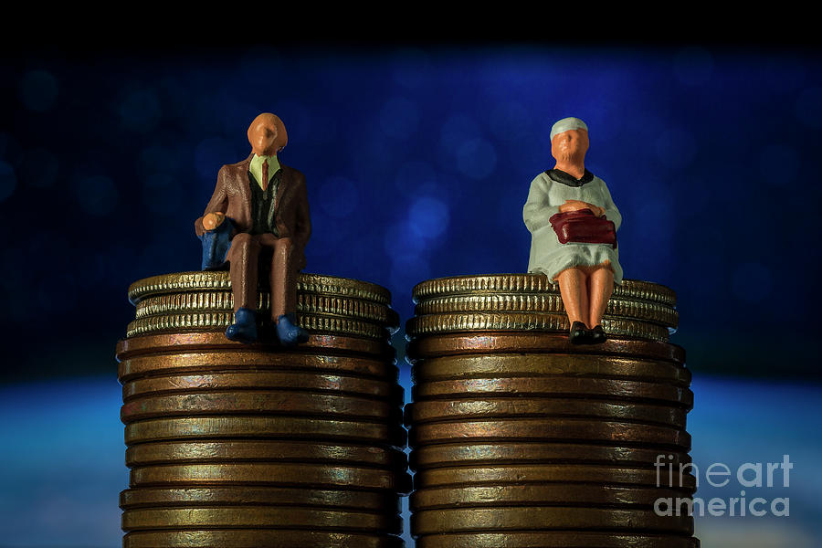 older couple miniature seating on money coins saving for investment concept mutual fund financing and retirement Macro Photograph by Pablo Avanzini