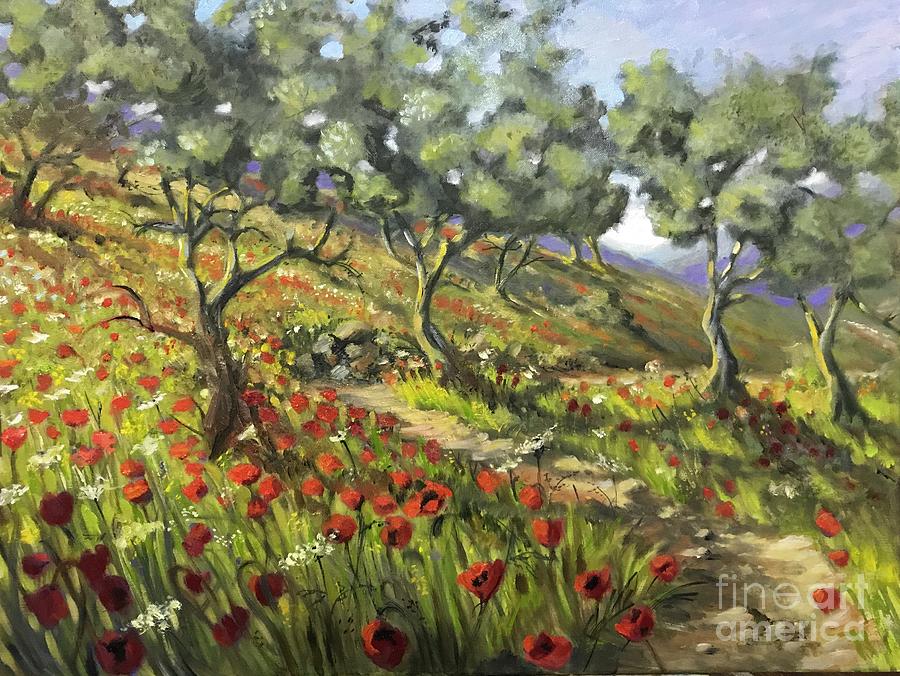 Olive Grove With Poppies Painting