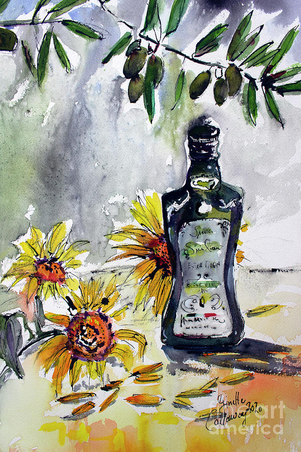 Olive Oil Sunflowers Olives Food Still Life  Painting by Ginette Callaway