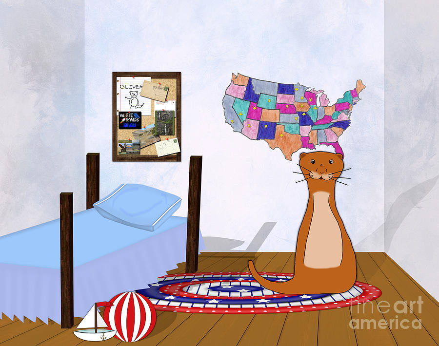 Oliver Loves To Travel - Bedroom, Map, and Postcards Digital Art by Oliver The Otter